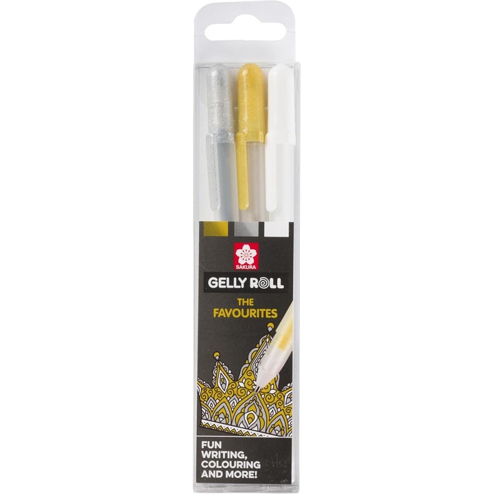 Set 3 Pixuri Gel Sakura Gelly Roll, Argintiu/Auriu/Alb, Culoare Rezistentă, Ideal pentru Artizanat