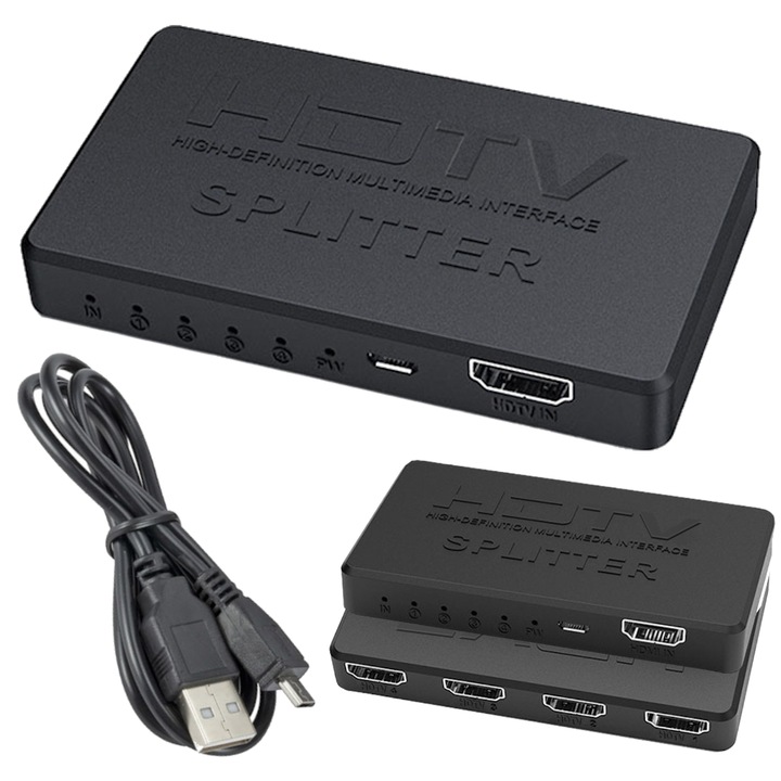 Splitter HDMI 1x4 Arthon, 4K x 2K, negru, 100x57x15mm, cu cablu de alimentare USB inclus