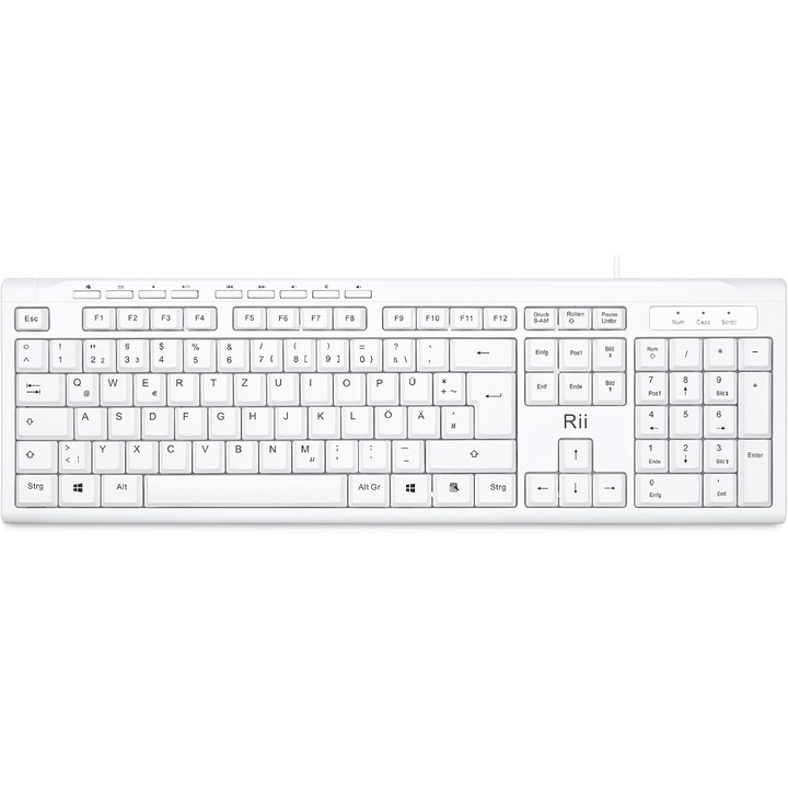 Тънка клавиатура Rii USB QWERTZ немска, бяла, за PC/лаптоп