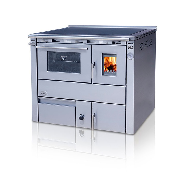 Soba centrala cu plita si cuptor CEZARA 35, 35kw, INOX MAT, evacuare dreapta