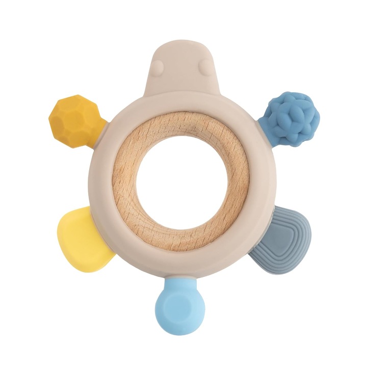Inel gingival Baby-Nova, lemn de fag și silicon BPA-free, design broscă, 3 luni+