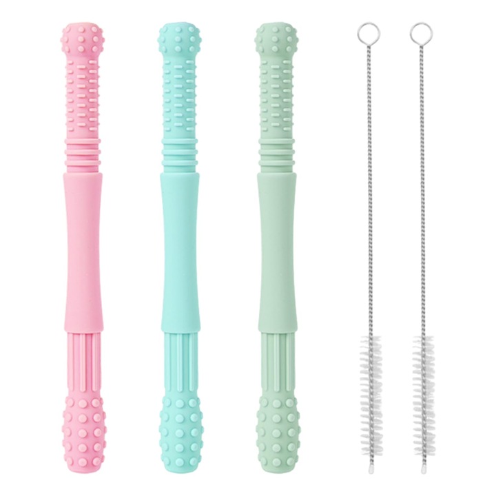 Set 3 Jucării Dentare din Silicon YSDYY, Cyan, Roz, Verde, cu 2 Perii de Curățare, 175x30x5mm