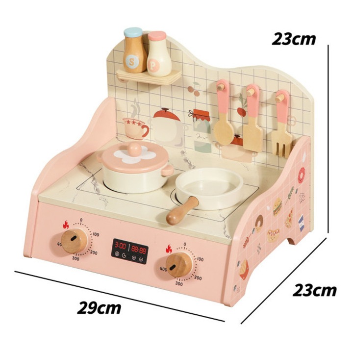 Mini-bucătărie de jucărie din lemn, Montessori, plită interactivă cu butoane, roz pastel, 3 ani+