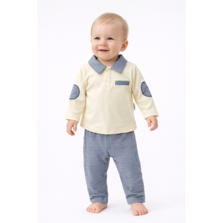 Set bebe baiat 2 piese crem cu guler tip camasa bluza maneca lunga pantaloni bumbac