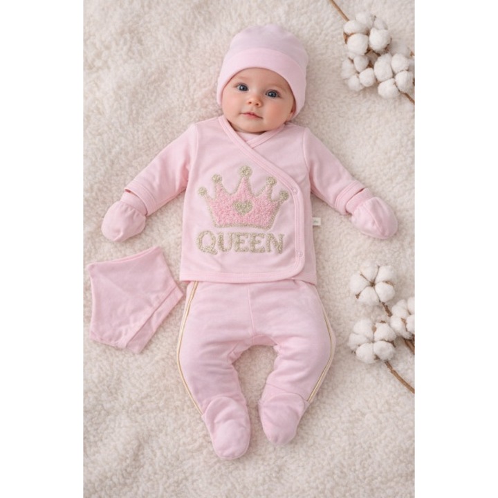 Set bebe fetita 5 piese roz queen bumbac bluza pantaloni caciula bavetica elegant, 0-3 luni, Roz, Fete