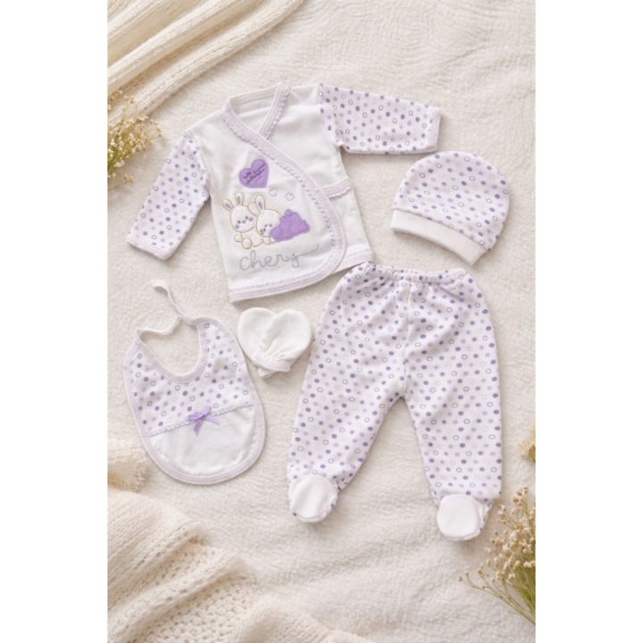 Set nou nascut fetita 5 piese lila bumbac cu iepurasi bluza pantaloni caciulita, 0-3 luni, Multicolor, Fete