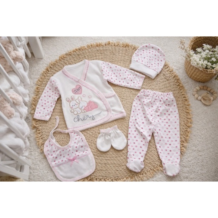 Set nou nascut fetita 5 piese roz bumbac cu iepurasi bluza pantaloni caciulita, 0-3 luni, Multicolor, Fete