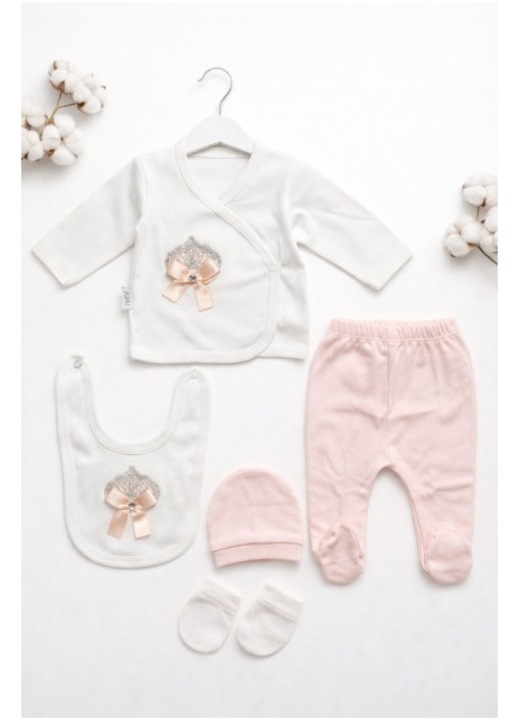 Set nou nascut fetita 5 piese roz alb bumbac cu coroana bluza pantaloni cadou, 0-3 luni, Multicolor, Fete