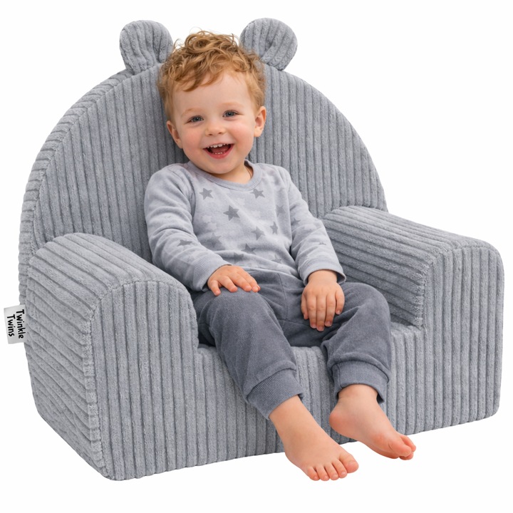 Fotoliu pentru copii Twinkle Twins, velur reiat, umplutura din spuma, husa detasabila si lavabila, gri