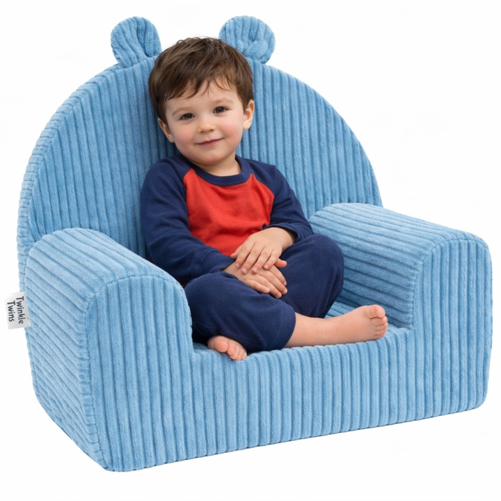 Fotoliu pentru copii Twinkle Twins, velur reiat, umplutura din spuma, husa detasabila si lavabila, albastru