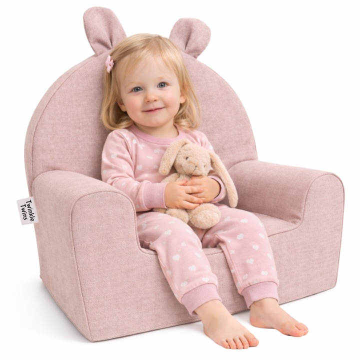 Fotoliu pentru copii Twinkle Twins, microfibra, umplutura din spuma, husa detasabila si lavabila, roz