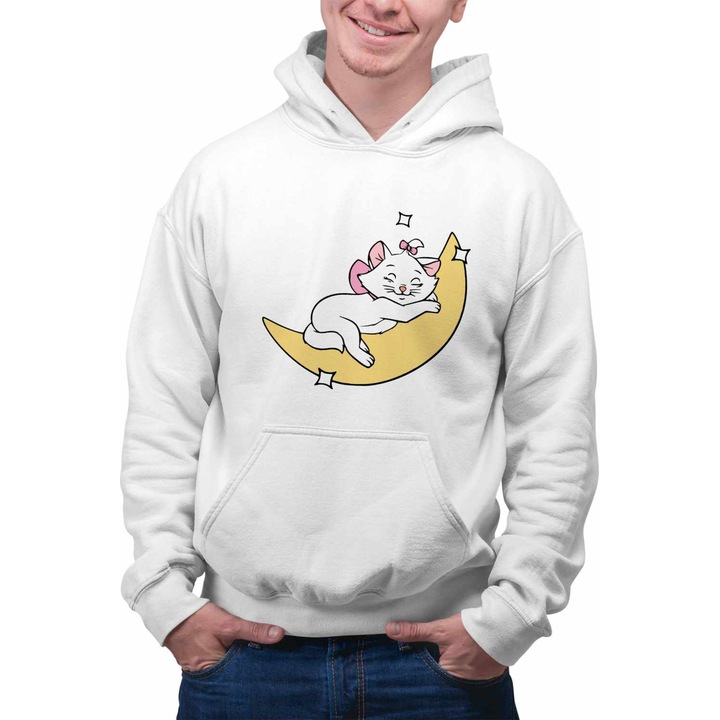 Hanorac Personalizat Barbati Pisicile Aristocrate Marie Luna Somn Moon, alb, marime 2XL