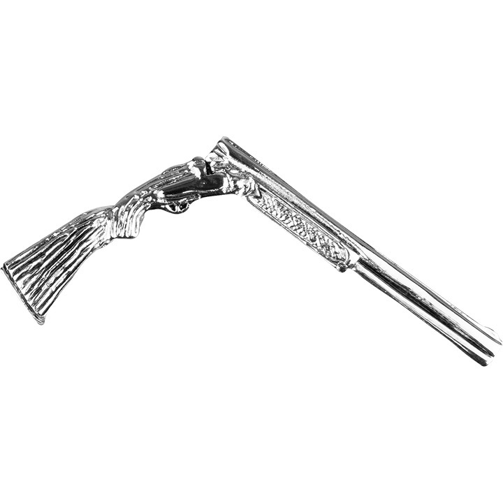 Insigna metalica model pusca Jack Pyke, aliaj zinc turnat, prindere cu ac si surub, 2x3 cm, argintiu