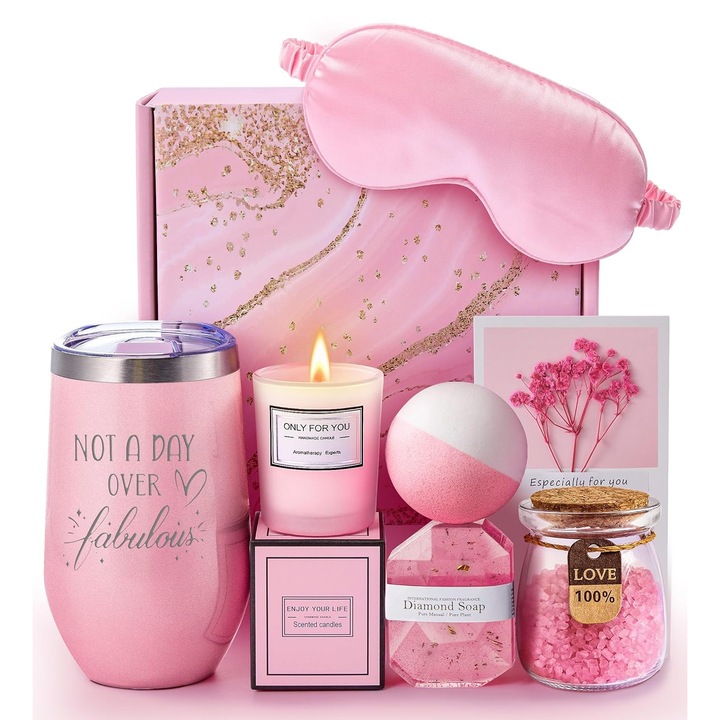 Set Cadou Giftry®, pentru Femei – Set Spa 7 Piese, Pahar Termos, Lumanare, Sare si Bomba de Baie, Sapun, Masca Ochi si Felicitare – Cadou Elegant pentru Zi de Nastere, Craciun, Valentine’s Day, Roz