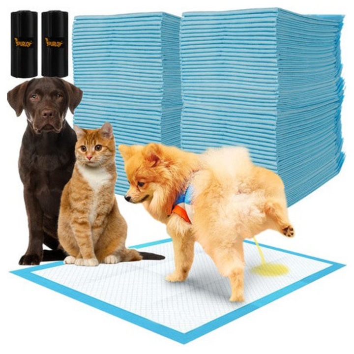 Covoras Absorbant Animale, Aurea, Set 100 Bucati 60x40 cm, Protectie Igienica Inalta Absorbtie 180 ml, 5 Straturi Impermeabile, Ideal Dresaj Catei Si Caini Bolnavi, Include 2 Role Saci Igienici 30 Buc, Moale Si Rezistent, Albastru/Alb