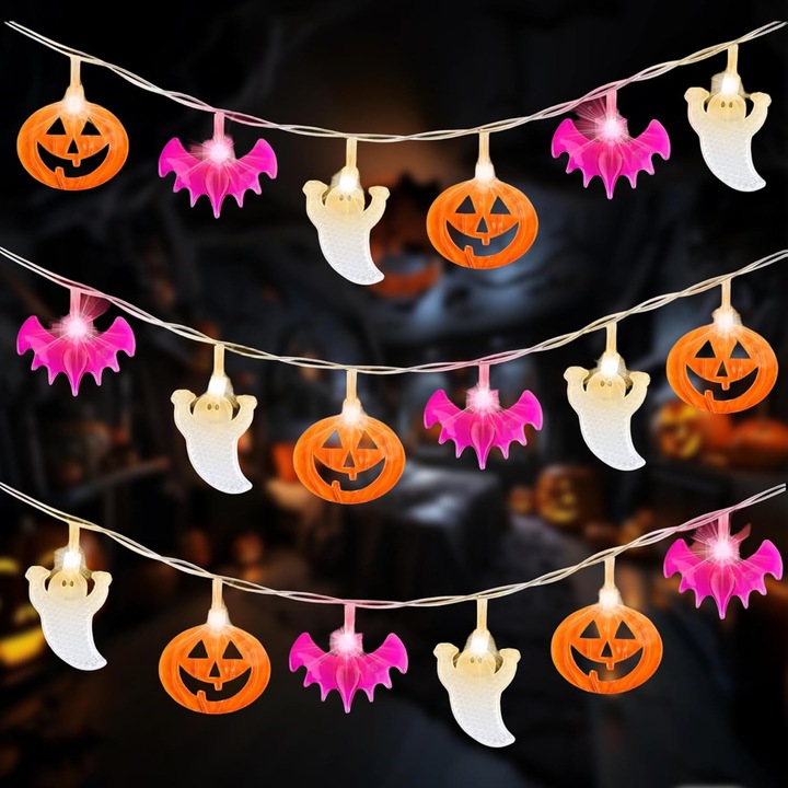Halloween Fényfüzér 3M 30 LED Elemes Tökök Denevérek Szellemek