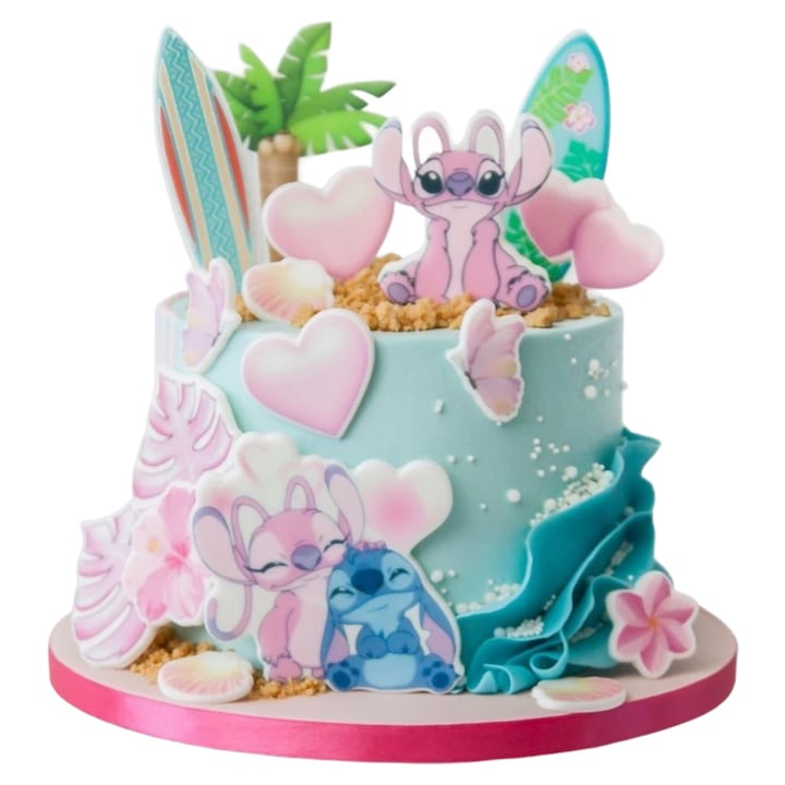 Set Decoratiuni Tort Stitch Si Angel, Slodka Fanaberia, Inima Si Personaje, 17 Piese, Albastru Si Roz, Decoratiune Tort Stitch, Accesorii Petrecere Copii, Figurine Vafa, Masa Zahar, Oplatka Decorativa, Ornamente Comestibile, Candy Bar