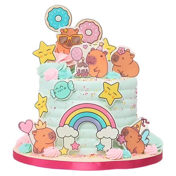 Set Decoratiuni Tort Din Vafa Comestibila, Slodka Fanaberia, Model Capybara, 13 Piese, Multicolor, Oplatka Comestibila, Figurine Vafa, Decoratiune Tort Copii, Accesorii Petrecere Tematica, Candy Bar, Imprimare Alimentara