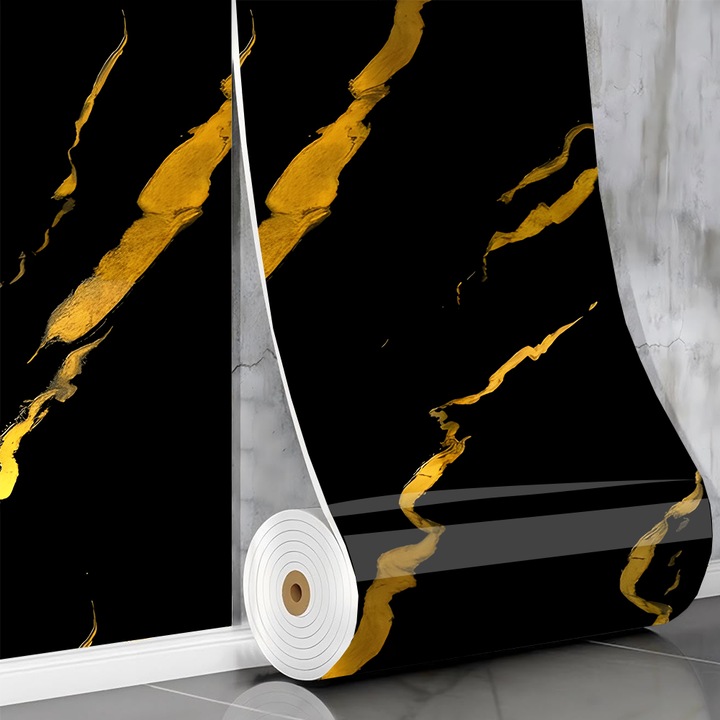 Rola Tapet 3D Teno®, model marmura, suprafata acoperire 3.6 mp, autoadeziva, waterproof, usor de montat, design modern, 3 x 1.2 m, negru/auriu