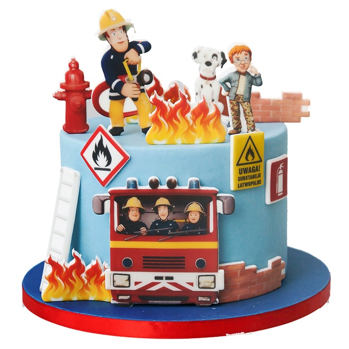 Set Decoratiuni Tort Din Vafa Comestibila Si Zahar, Slodka Fanaberia, Pompierul Sam (Fireman Sam) Eroul Salvarii, 14 Piese, Multicolor, Ornamente Comestibile Din Zahar, Ideal Pentru Candy Bar, Design Profesional