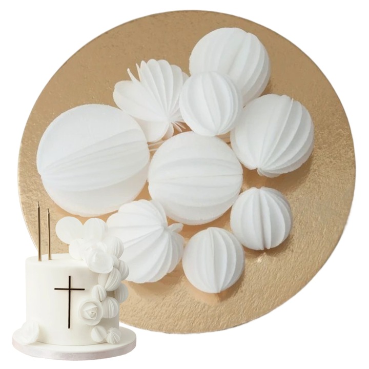 Set Decoratiuni Tort Kule Waflowe, Slodka Fanaberia, Bile Crocante, Set Decor, Alb, Ornamente Crocante, Design Tort Nunta, Botez, Accesorii Cofetarie Elegante, Bile Comestibile, Candy Bar Luxos, Decor Masa, Accesorii Cofetarie, Ornamente Pentru Prajituri