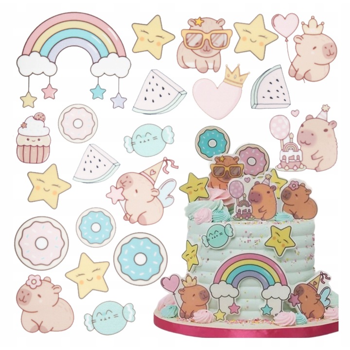 Set Decoratiuni Tort Din Vafa Comestibila, Slodka Fanaberia, Model Capybara, 21 Piese, Multicolor, Oplatka Comestibila, Figurine Vafa, Decoratiune Tort Copii, Accesorii Petrecere Tematica, Candy Bar, Imprimare Alimentara