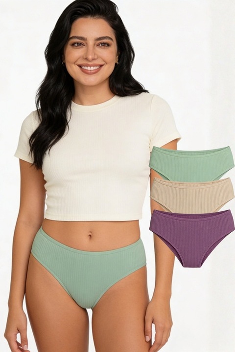 Set 3 perechi chiloti dama, talie inalta, bumbac modal, DUNIPA Daily, Mov inchis/Nude/Verde menta