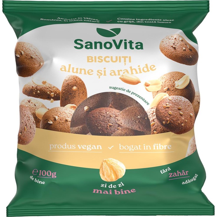 Set Biscuiti cu Alune si Arahide fara Zahar Adaugat, Sanovita, 100 g, vegan, bogat in fibre