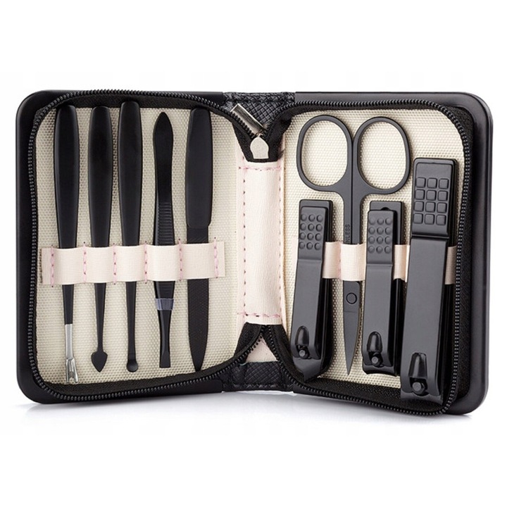 Set de unghii Beautifly 9 elemente, bej-negru, pentru manichiura si pedichiura, etui inclus