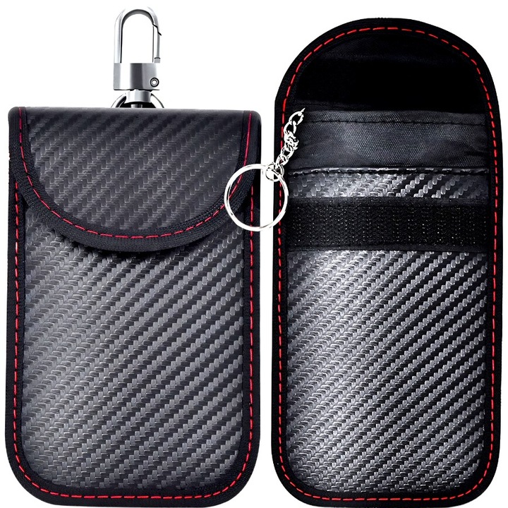 Комплект от 2 калъфа за автомобилни ключове RETOO DriveTech, въглеродни влакна, безключов достъп, RFID блокировка, защита срещу копиране на безключов сигнал, 14,3 x 9,7 x 0,5 см, черен