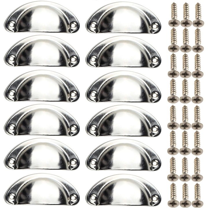 Set 12 manere cupa pentru dulap, metalice, argintii, 8.2x3.4x1.7cm