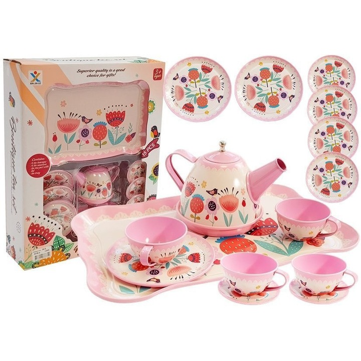 Teáskészlet 14 elemes, LEAN TOYS, Fehér-Rózsaszín, Gyermekeknek, 3+ éveseknek
