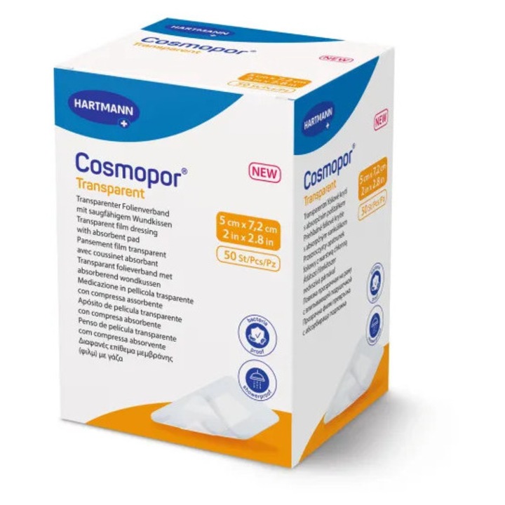 Plasturi transparenti Hartmann, cu corp absorbant 5 x 7.2 cm (IM 2.5 x 4 cm) 50 buc/cutie