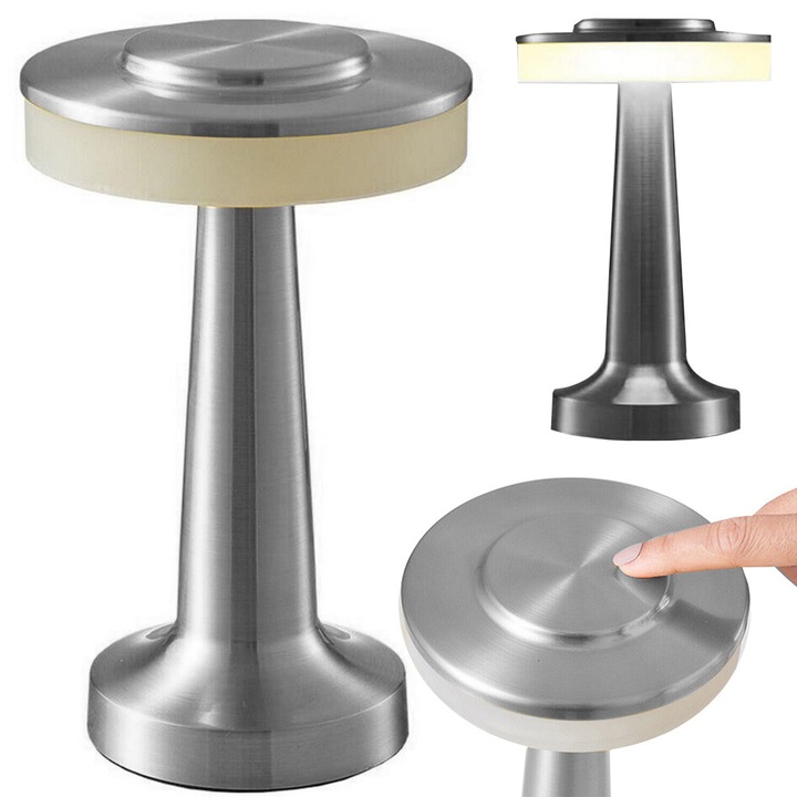 Lampa de veghe, Verk Group, control tactil, 3 nuante de lumina, argintie, 20x12cm, cablu USB