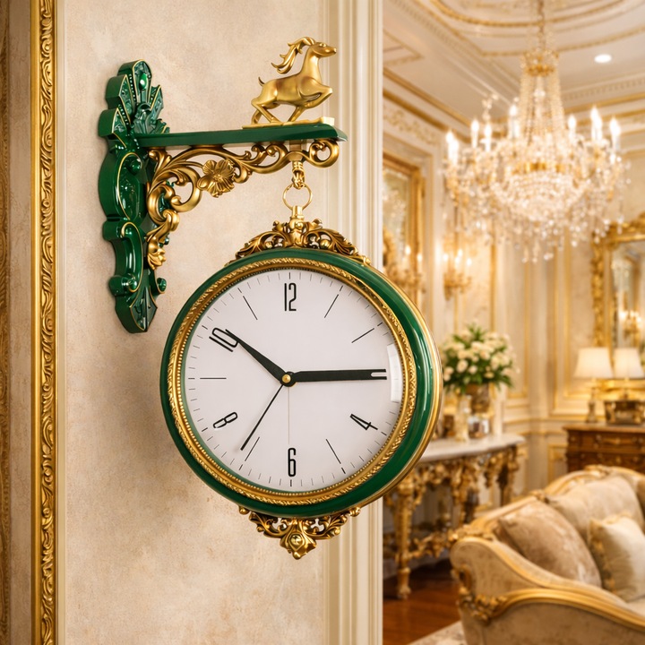 Ceas decorativ de perete cu doua fete, BLA BLA FOAM®, verde/auriu, stil baroc, montare laterala, suspendat, cifre arabe si romane, design vintage elegant