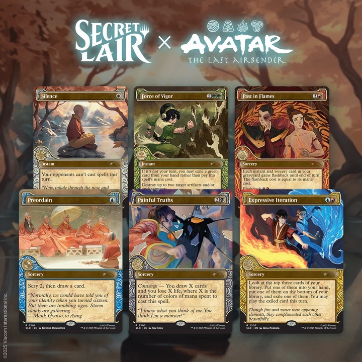 Set Jocuri de societate, Wizards of the Coast, Magic: The Gathering Secret Lair x Avatar: The Last Airbender, 6 carti Non-Foil, ilustratii unice