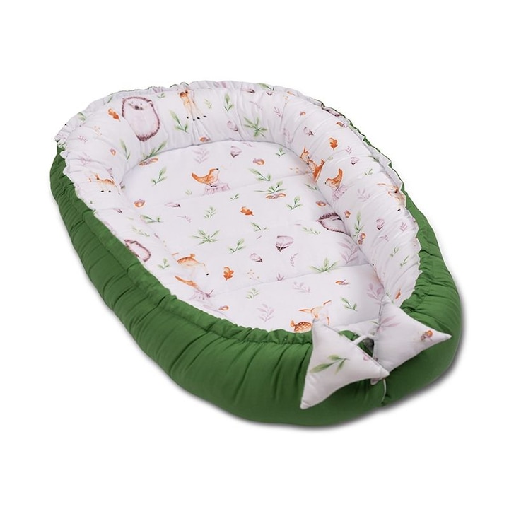 Cosulet bebelus Kidizi Baby Nest Cocoon 90x50 cm Forest Joy pentru dormit, cu husa din bumbac 100%, doua fete si intretinere usoara