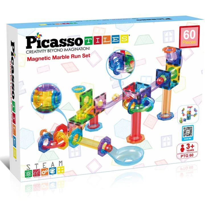 Set de constructie magnetic Picasso Tiles - Circuit pentru bile, 60 piese