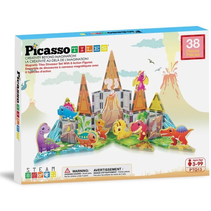 Set de constructie magnetic Picasso Tiles - Lumea dinozaurilor, 38 piese