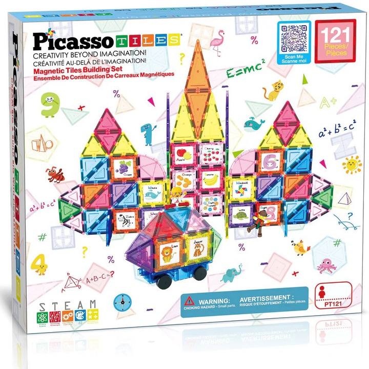 Set de constructie magnetic Picasso Tiles - Insertii grafice, 121 piese