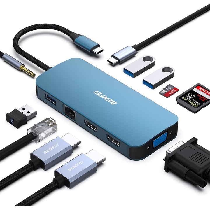 Докинг станция USB-C BENFEI 11-в-1, 2xHDMI 4K, VGA, 3xUSB 3.0, LAN, PD 100W, компактна