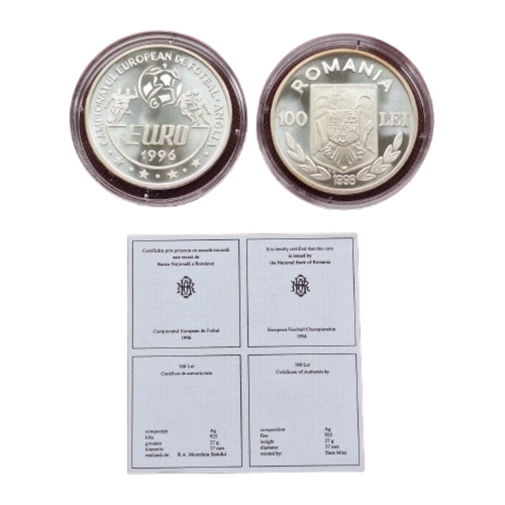 Moneda argint 0.9250: 100 lei 1996, Campionatul European, cu certificat de autenticitate, 27.00 grame, Romania