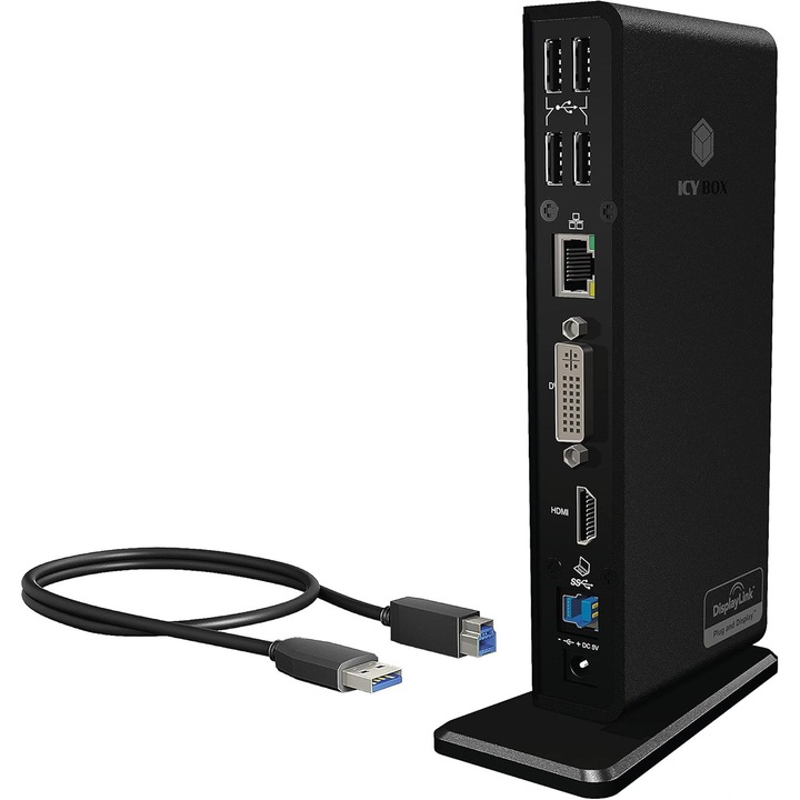Мултипортова докинг станция Icybox IB-DK2241AC, 6 USB порта, DVI-I и HDMI изходи, USB-C, съвместима с Windows и macOS