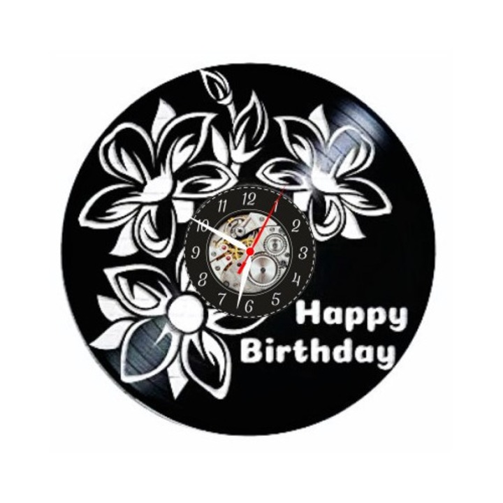 Dekoratív falióra - Happy Birthday Flowers - Celebration Art - bakelitlemezből készült, Fekete, 30 cm