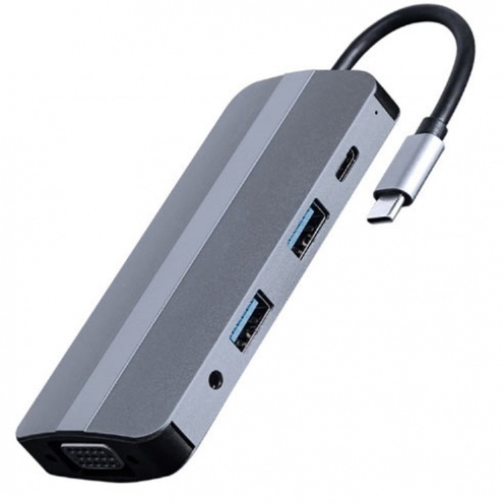 Hub USB Type-C 8in1, CABLEXPERT, HDMI, VGA, argintiu