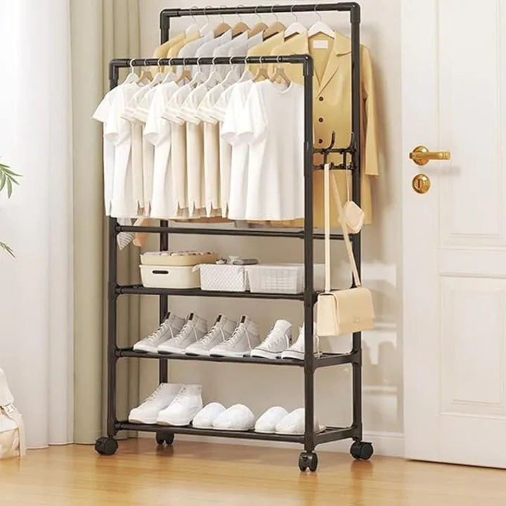 Organizator Haine Multistrat cu Roti – Suport Metalic cu Bara pentru Umerase