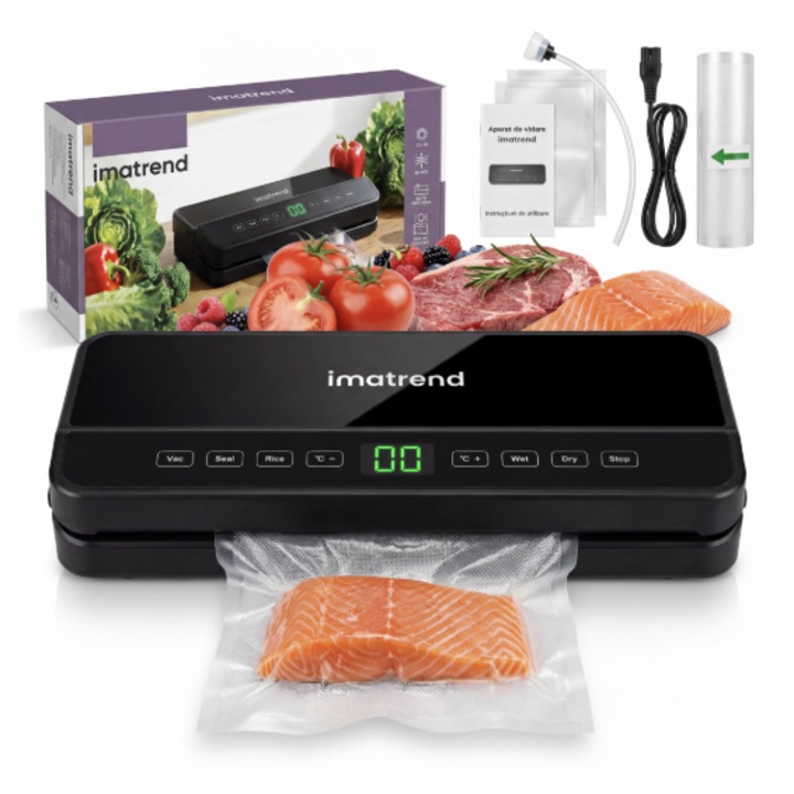 Aparat de Vidat si Sigilat Alimente, IMA Trend®, 120W, 65kpa, 6 Moduri Functionare Vac/Seal/Rice/Dry/Wet, Vidare Externa cu Furtun, pentru Alimente Uscate si Umede, Cu 10 Pungi 20x30cm Si O Rola De 20x300cm Incluse, Bara Lipire 30 cm, Negru
