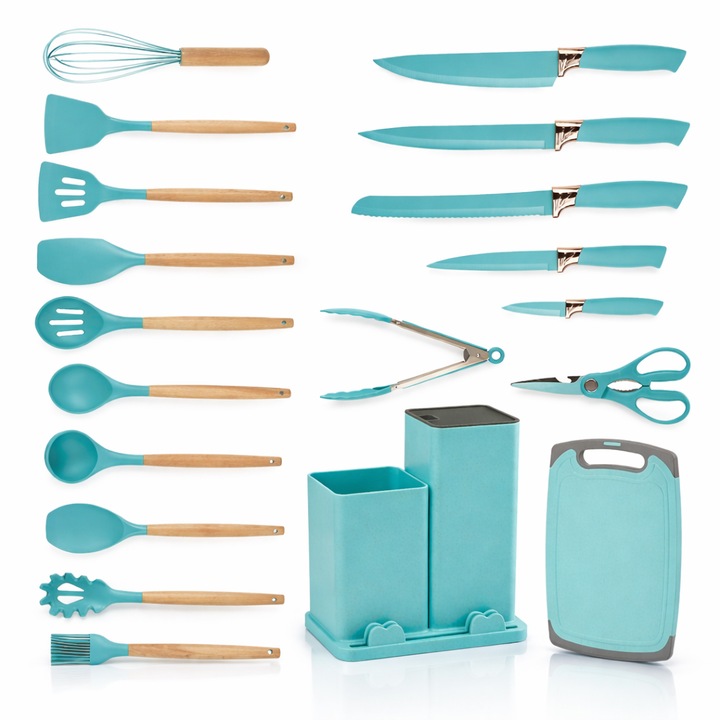Set ustensile Macvi® bucatarie silicon premium 19 piese cu suport organizare cutite tocator linguri spatule fara BPA rezistente la temperaturi ridicate, Turcoaz