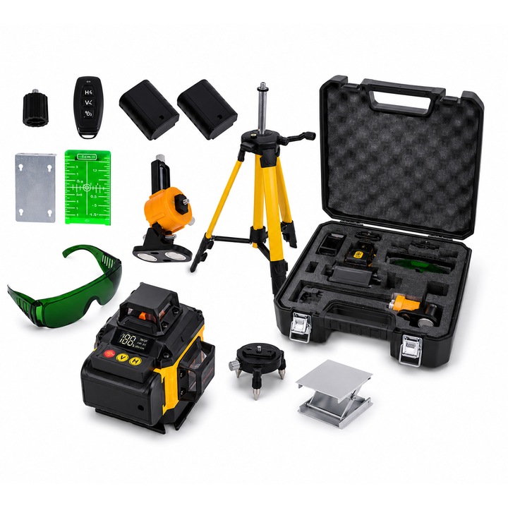 Nivela Laser Profesionala 4D MAXLIGHT, 16 Linii Verzi 360°, Autonivelare Automata, Trepied Reglabil, Baza Rotativa, Telecomanda, 2 Acumulatori, Suport Magnetic, Manusi de Lucru, Valiza Transport, pentru Constructii si Amenajari Interioare