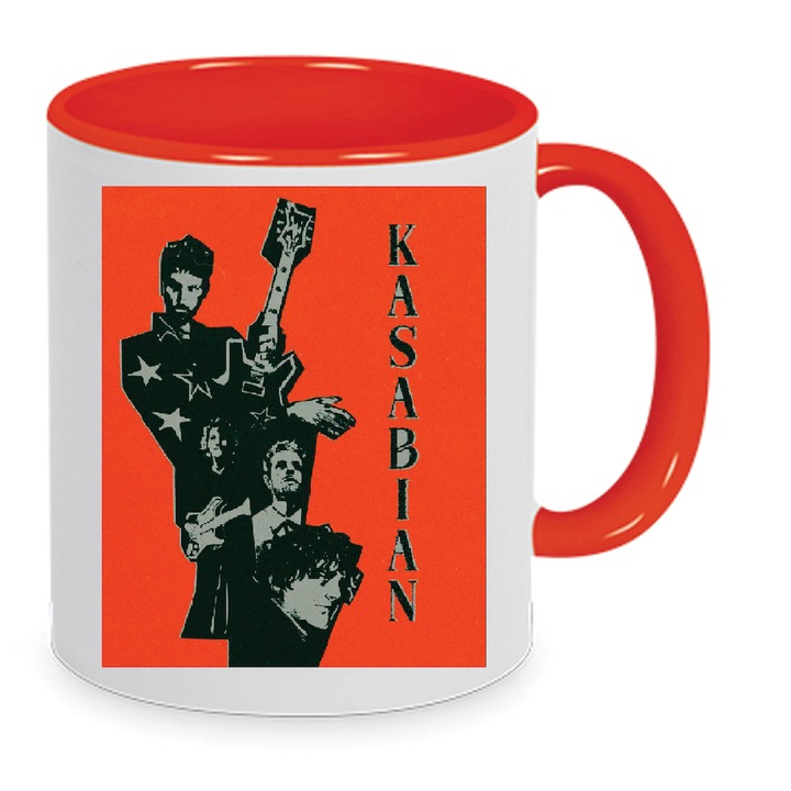 Cana ceramica Kasabian, 330ml, alb cu rosu, rezistenta la masina de spalat vase